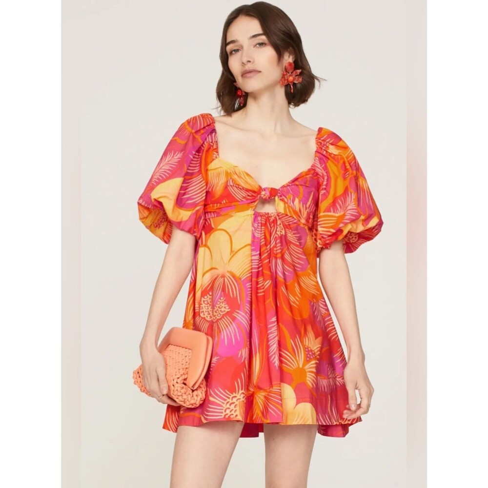 Farm Rio Summer Garden Mini Dress Tropical Vibrant Pink